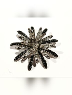 Vintage Silvertone and Black Crystal Flower Brooch - Women Jewelry